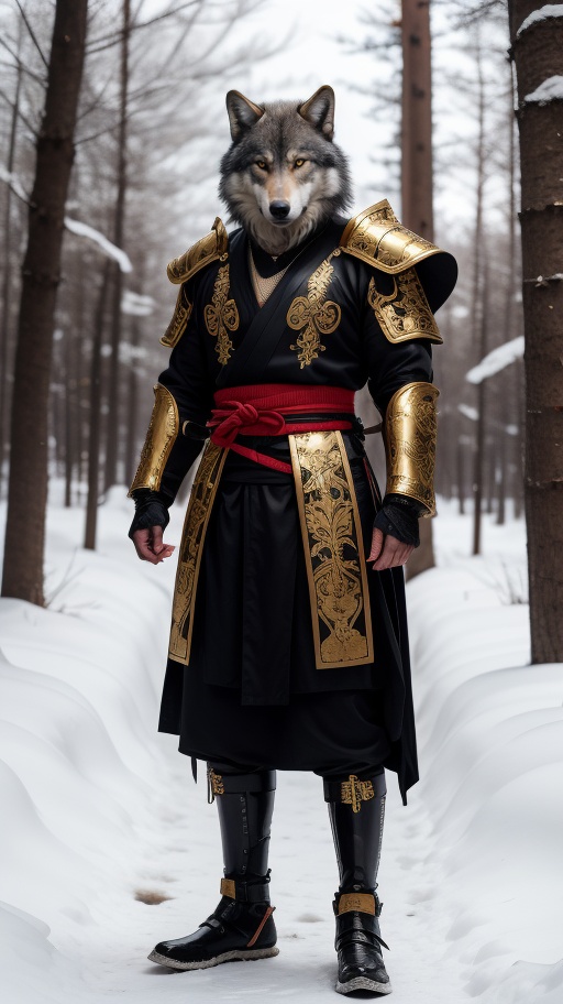 A samurai wolf with glowing bloodshot eyes,  wearing shiny satin black and silver metal armor,  intricate ornate weaved go...