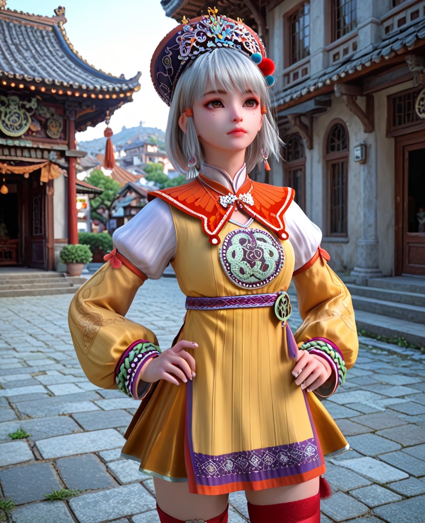 (oriental architecture, elegant decor, sophisticated style:1.1),(Standing with hands on the hips, looking up,:1.1),(breasts:1.2),<lora:XL少年白马小白:0.95>,miss xiaobai,yellow short dress,brown detachable collar,puffy long sleeves,brown miniskirt,belt,brown eyes,mole under eye,silver hair,bangs,hat,jewelry,red thighhighs,pom pom \(ornament\),, score_9,score_8_up,score_7_up,score_6_up,score_5_up,score_4_up,3d rendering,tag1,tag2, Cinematic Lighting,backlighting,