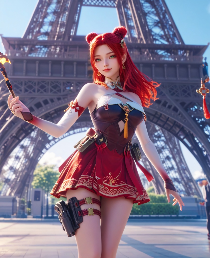 (oriental architecture, elegant decor, sophisticated style:1.1),(Standing with one hand on the hip, looking confident:1.1),(breasts:1.2),<lora:XL16穿越火线二胡少女虹儿:0.95>,miss honger,chocolate  bodice,(red miniskirt:1.2),green eyes,red hair,long hair,double bun,earrings,jewelry,bare shoulders,bridal gauntlets,ring,thigh strap,black footwear,, score_9,score_8_up,score_7_up,score_6_up,score_5_up,score_4_up,3d rendering,tag1,tag2, Cinematic Lighting,backlighting,, zPDXL3, zPDXL2,zPDXL, zPDXLxxx, zPDXLrl,