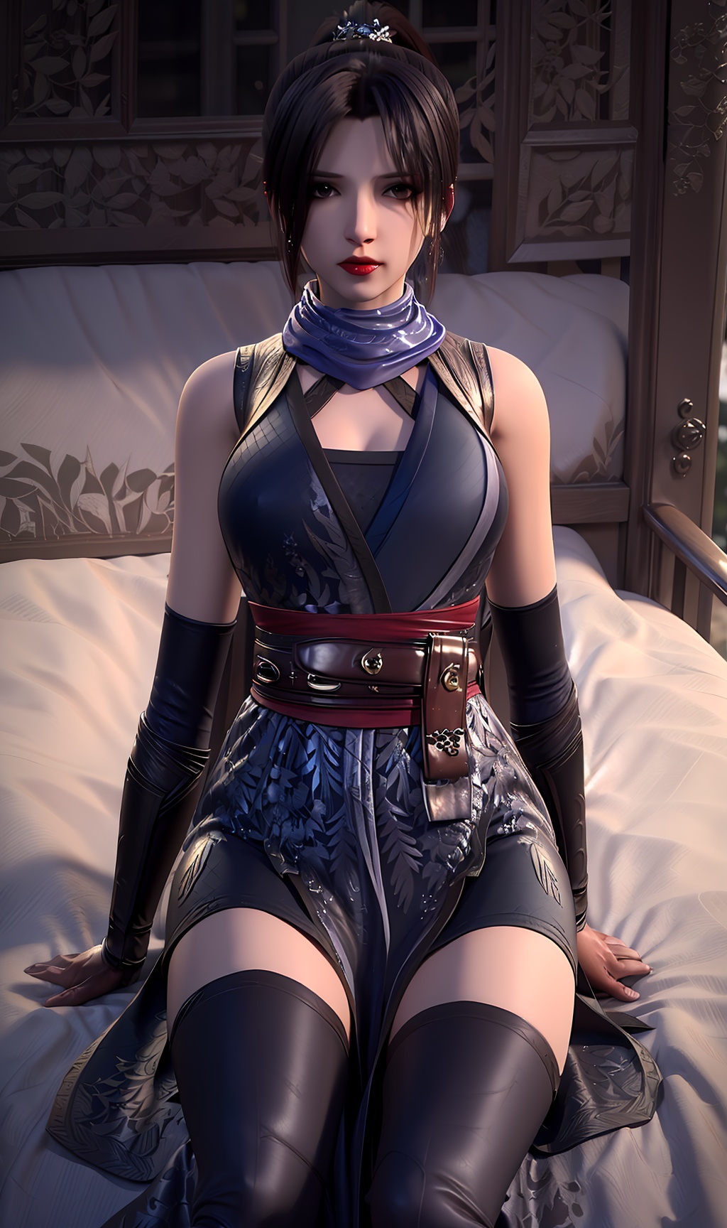 3D,masterpiece,(best quality),(makeup),official art, extremely detailed cg 8k wallpaper,((crystalstexture skin)), (extremely delicate and beautiful),(highly detailed),(face),(ponytail),(wristband),(scarf),(1girl), (solo), (jewelry), (earrings),(black_hair),(long_hair),(hair_ornament),(handwear),(breasts),(sitting),((upper_body)),(closed_mouth),(off-shoulder_dress),(long_skirt),(chinese_clothes),(dress),,(multicolored_clothes),(multicolored_dress),(shiny_clothes),(city,outdoor,bed),(thighhighs),(long_legs),(sash),(gown),,((looking_at_viewer)),((Facing the camera)),, <lora:hipoly3DModelLora_v10:0.3>