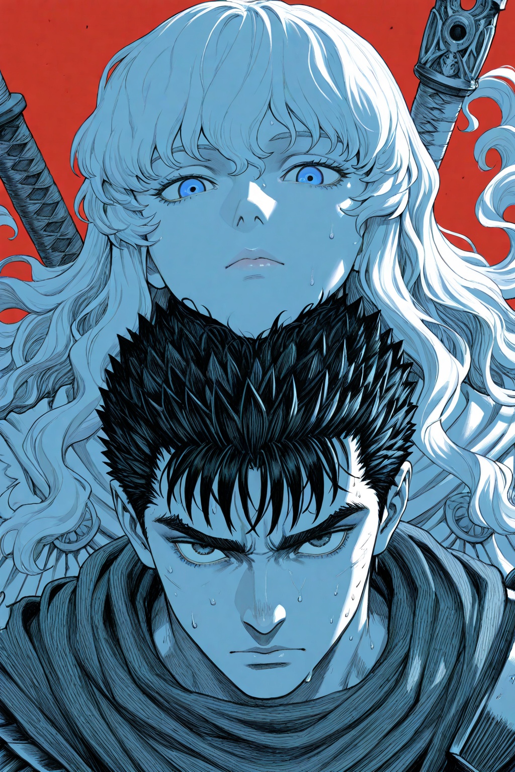 masterpiece,best quality,amazing quality,very aesthetic,absurdres,newest,highres,monochrome,2boys,berserk,black_hair,blue_eyes,blue_theme,closed_mouth,expressionless,griffith_(berserk),guts_(berserk),hatching,looking_at_viewer,looking_up,male_focus,multiple_boys,nose,pink_lips,portrait,red_background,shade,short_bangs,spiked_hair,split_theme,sweat,thick_eyebrows,wavy_hair,