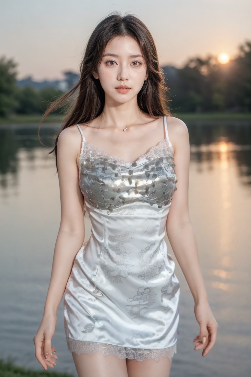 Realistic,(masterpiece:1.2),best quality,8K,HDR,RAW,depth of field,blurry,1girl,( long hair,delicate girl),(Park, lake, peach blossom, sunset),(looking at viewer),((solo)),huge breasts,standing,<lora:add_detail:0.6>,<lora:GoodHands-beta2:1>,<lora:ENNE 白色吊带连衣短裙_v10:0.8>,white halter mini dress,