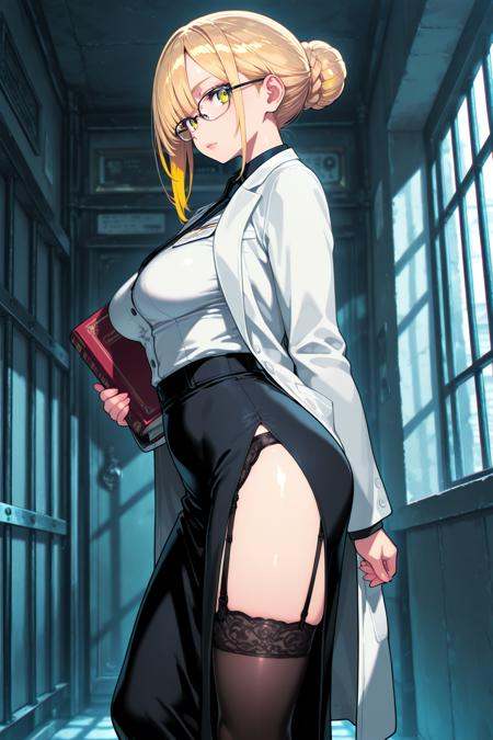 masterpiece,best quality,high resolution,ultra-detailed,8K,extremely detailed CG,illustration,high res,high contrast,very aesthetic,clear skin,soft skin,gleaming skin,shiny hair,very awa,newest BREAK 1girl,milf,thick lips,medium breasts,sagging breast,blonde hair,long bangs,single hair bun,glasses,suit,labcoat,shirt,long skirt,Jail,garter belt,black thighhighs,garter straps,standing,holding book,expressionless,from side,looking at viewer,prison,