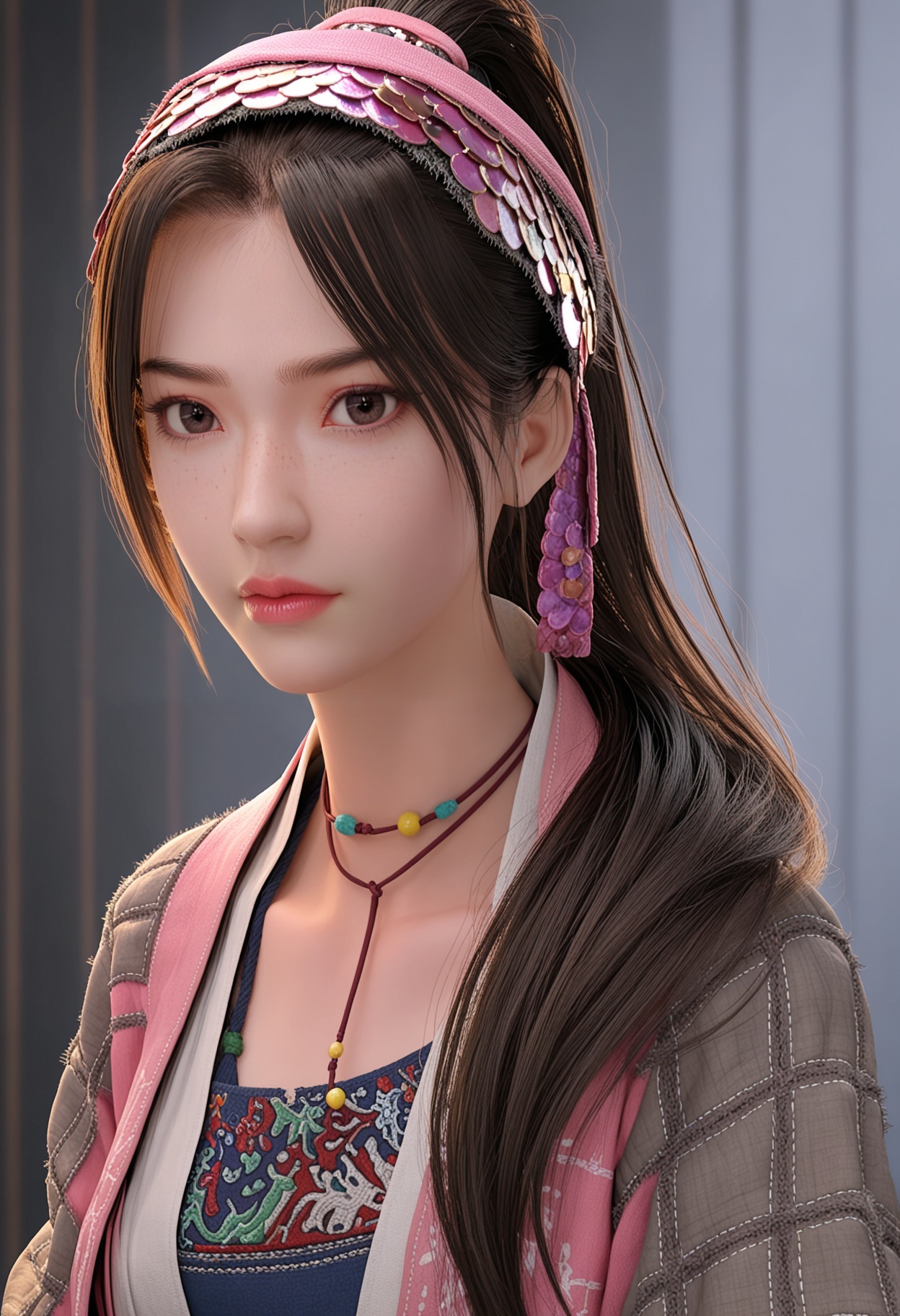 score_9,high detail,best quality,cinematic lighting,volumetric lighting,shiny skin,shiny,1girl,necklace,solo,jewelry,long hair,looking at viewer,black hair,lips,realistic,brown eyes,ponytail,collarbone,hairband,brown hair,simple_background,upper_body,thighs,cowboy_shot,<lora:QQSponytuliV1:0.8>,<lora:Pony_DetailV2.0:0.8>,<lora:皮肤凹痕:0.1>,