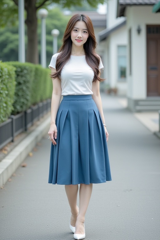 <lora:20251203_TinF1LongLegSliderLora:-1>,HDR photo of cinematic film still, A young woman with long brown hair wearing a short white boatneck and blue pleated skirt, looking at viewer, white high heel shoes, full body, outdoors,