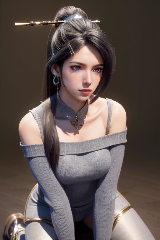 ((HRD, HUD, 8K)),((masterpiece, best quality)),highly detailed,1girl,solo，black hair,long hair,High ponytail,hair stick,hair ornament,brown eyes,lips,earrings,jewelry,necklace,(off-shoulder sweater:1.2),denim shorts,black pantyhose,simple background,grey background,flat color background,full body,(kneeling and setting on floot,:1.2),looking at viewer,,<lora:e2316c662a7ae10595fbc9186e36029fa228e59ddfbd58ff81c538b981e68f57:0.6>