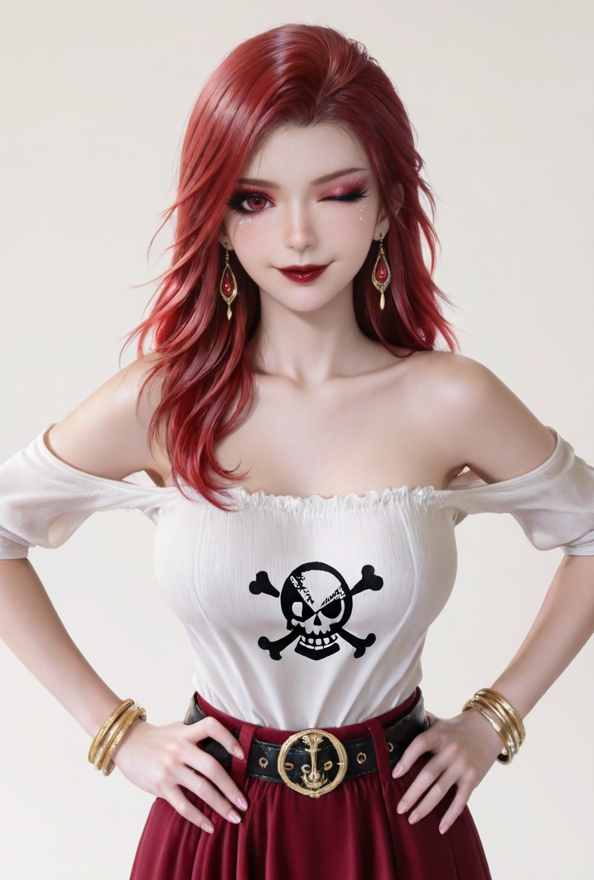 masterpiece,high quality,tall,game cg,highres,(soft light:1.2),white_skin,(shiny_skin:0.6),(realistic:1.1),<lora:马小桃·衣服百搭款·化妆:0.8>,maxiaotao,1girl,solo,earrings,jewelry,red hair,looking at viewer,red lips,makeup,long hair,white background,portrait,red eyes,eyelashes,simple background,eyeshadow,collarbone,lipstick,bare shoulders,realistic,mascara,glitter,1girl,one eye closed,long hair,jewelry,smile,bracelet,large breasts,solo,shirt,looking at viewer,earrings,hands on own hips,jolly roger,belt,skirt,standing,bangle,20,