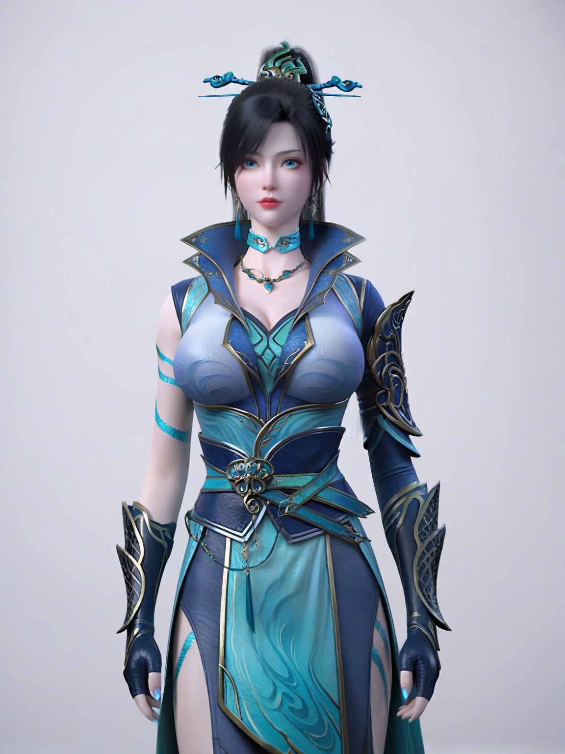 score_9,1girl,solo,dress,earrings,hair ornament,black hair, large breasts,long hair,blue eyes,standing,lipstick,cowboy shot,fingerless gloves,looking at viewer,white background,simple background,<lora:SF_QingLin_Pony_Realism2.3:0.7>,