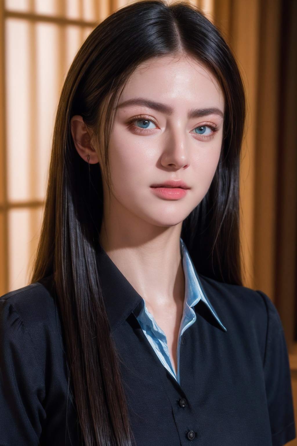 (best quality:1.4),(masterpiece:1.4),(photorealistic:1.4),(Realistic:1.2),(ultra high res, raw photo:1.4),(hdr, hyperdetailed:1.2),(8K:1.2),cinematic photo 1girl,(black long straight hair:1.2),close up,(collared shirt:1.4),(pleated dress:1.2),(smile:0.3),<lora:Again_Girl_A18_a:0.7>