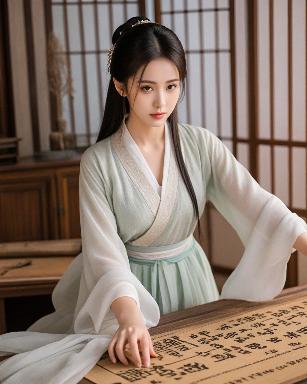 jade,The 18-year-old beauty of makes movable printing,woodcut Chinese character background,antique clothing,focused expression,indoor natural light,medium scene,soft tone,wood texture,traditional craft,delicate gesture,cultural heritage,natural light,medium scene,soft tone,wood texture,traditional craft,delicate gesture,and cultural heritage. Movie Style,