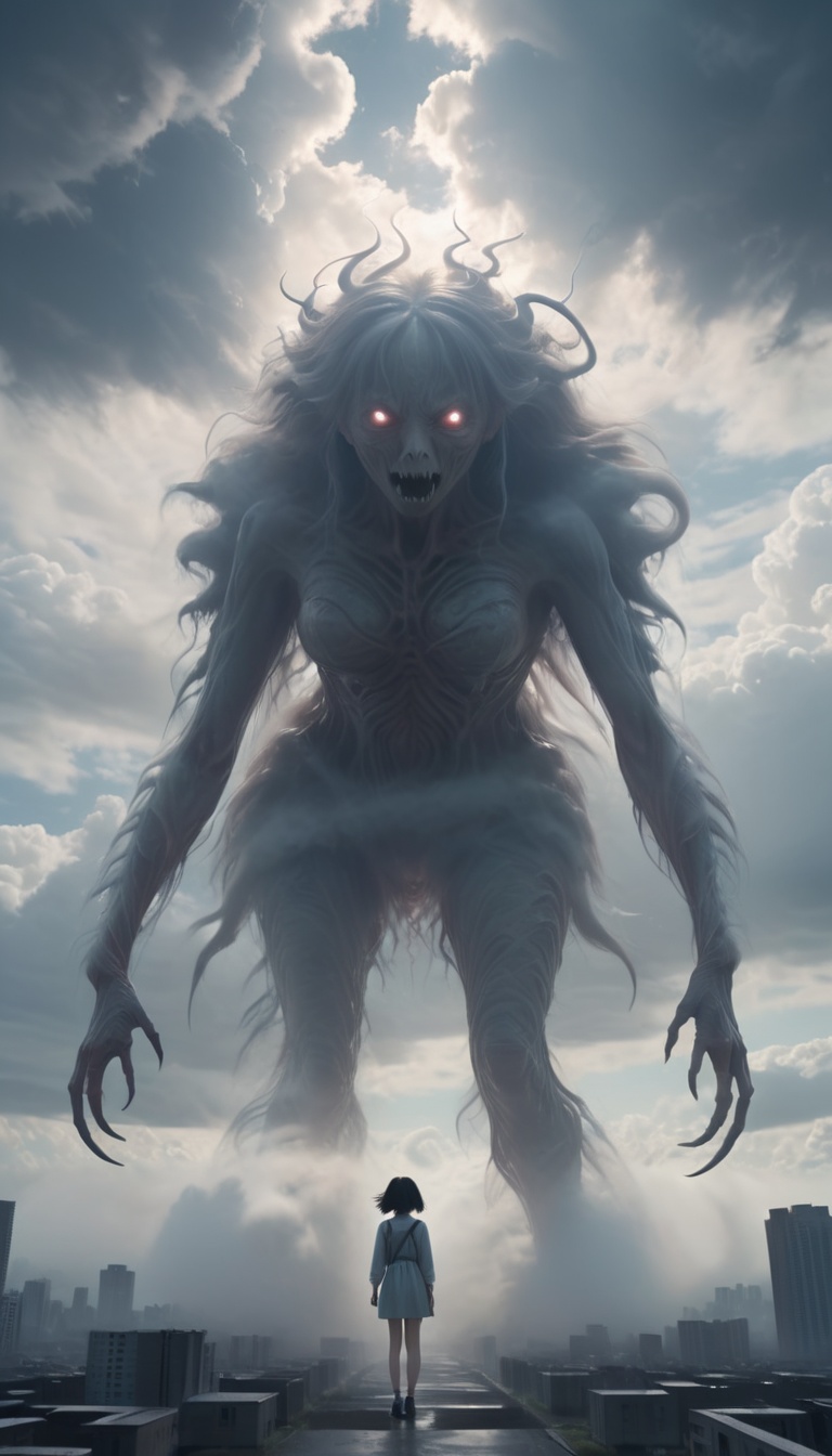 <lora:xl-shanbailing-1215白棱monster-000002:0.9>,bailing_monster,a huge monster passes through the clouds,outdoors,(1girl:0.3),city,mitsu_masaya,cloudy,megalophobia,centered composition,ultimate light and shadow,UHD,8k resolution,cinematic lighting,extremely low angle shooting,