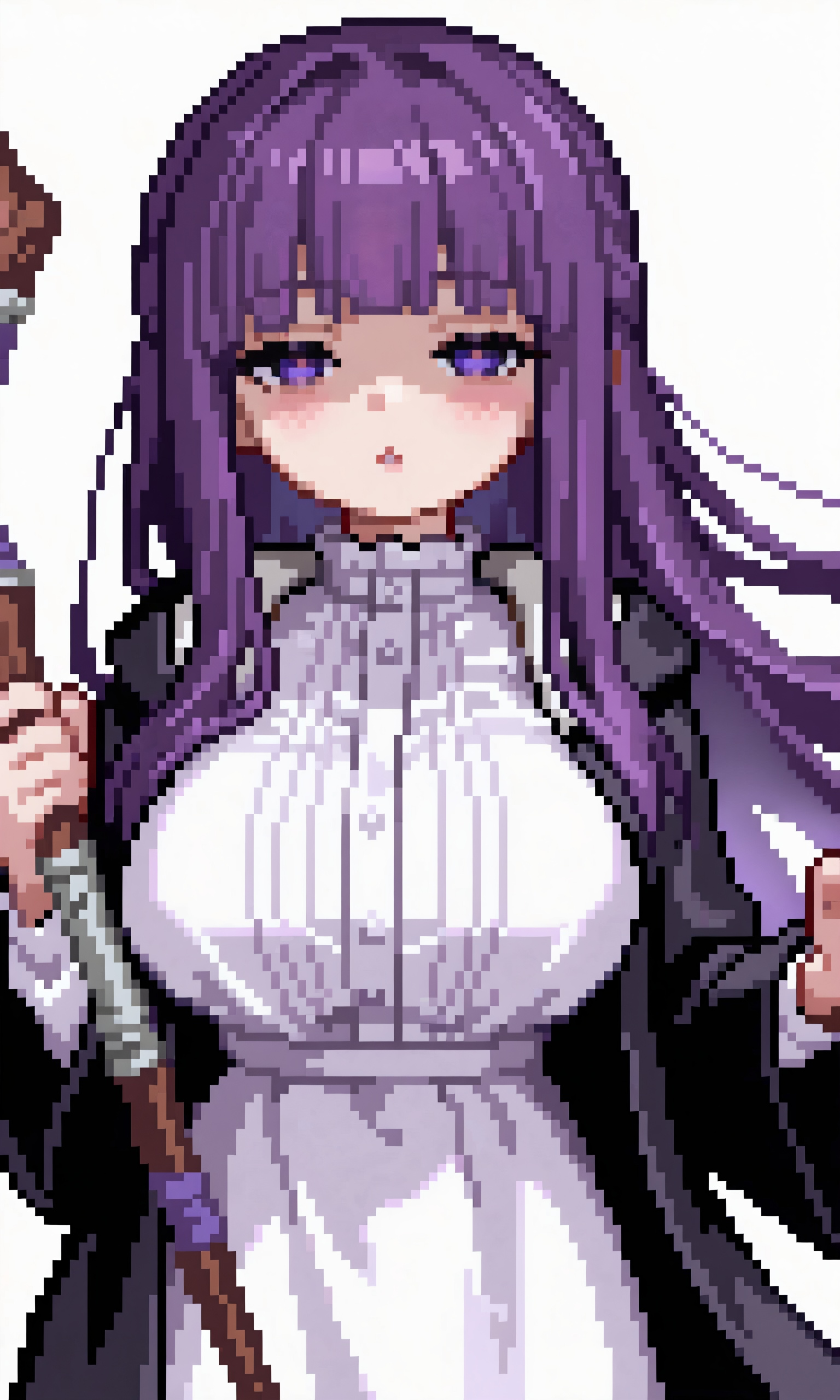 1girl,fern \(sousou no frieren\),sousou no frieren,black coat,blunt bangs,breasts,coat,collar,dress,frilled shirt collar,frills,holding,holding staff,long hair,looking at viewer,parted lips,purple eyes,purple hair,purple pupils,sidelocks,staff,straight hair,white dress,lips,expressionless,:o,high collar,shaded face,half-closed eyes,simple background,turtleneck,solo,upper body,long sleeves,bright pupils,open coat,straight-on,eyelashes,hime cut,large breasts,very long hair,wide sleeves,frilled collar,blush,open clothes,white background,hands up,floating hair,purple theme, ,masterpiece, best quality,  absurdres, newest,  very aesthetic, amazing quality,highres,sensitive,  highres, ultra detailed, best anatomy, HDR, 8K, high detail RAW color art, high contrast, large pupil,