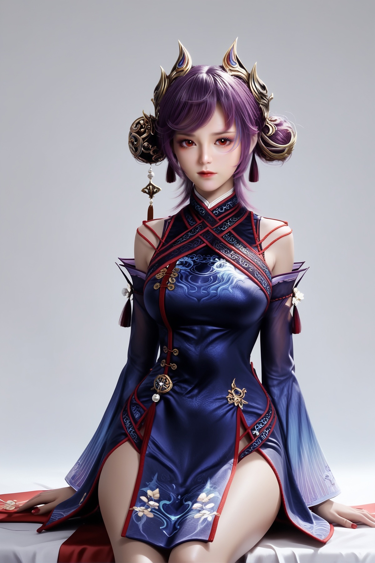 score_9,score_8_up,score_7_up,<lora:wy_siyunxiang_XL7.0:0.8>,1girl,short hair,breast,medium breast,hair_ornament,dress,purple hair,red eyes,thick_thighs,sitting,simple background,white_background,double bun,chinese clothes,china dress,pelvic curtain,wide sleeves,