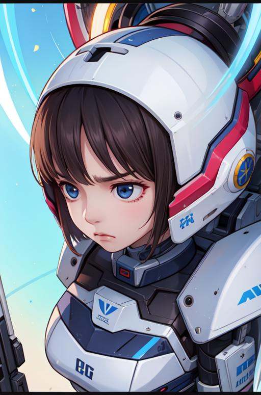 masterpiece,best quality,upper body,1girl,small breasts,mecha,rainbow order,abstract,letterboxed,bangs pinned back,mako eyes,upset,from above