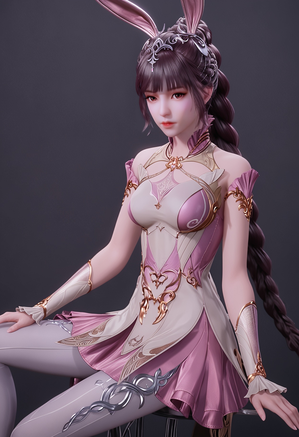 (looking_at_viewer:1.2),upper_body,<lora:YQ_pony_xiaowu_fuzhuang2_V5:0.8>,q1528437228,1girl,solo,hair ornament,long hair,dress,black hair,rabbit ears,animal ears,ponytail,brown hair,collar,metal collar,braid,pantyhose,(high heels:0.8),brown eyes,blunt bangs,braided ponytail,jewelry,simple background,pure black background,black background,