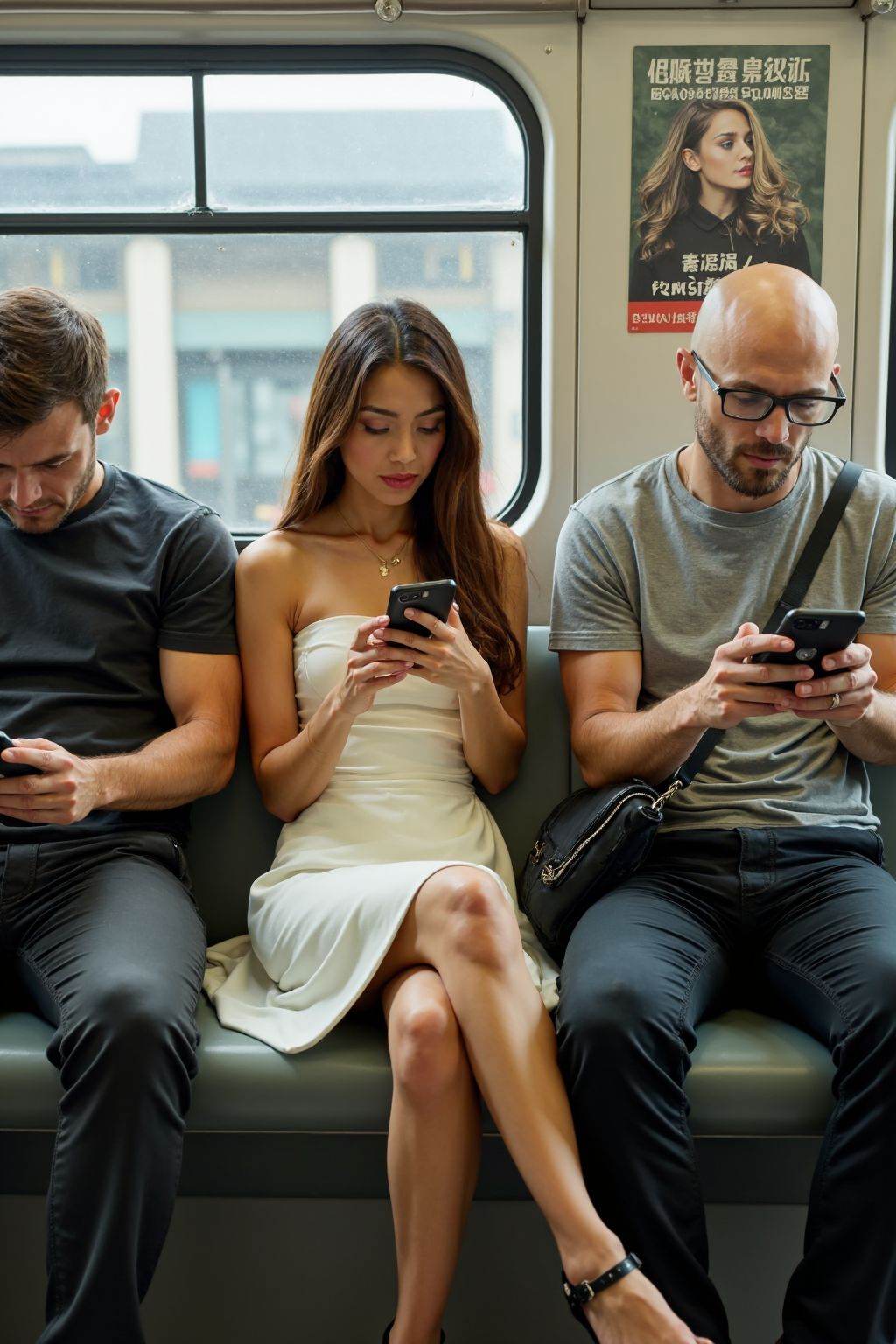The image captures a diverse group of individuals seated on the train,all engrossed in their smartphones. The central figure is a young woman with a fair complexion,long brown hair,and a slender physique. She is dressed in a strapless white knee-length dress with a wide, which accentuates her small bust and slender frame. Her legs are crossed,and she is wearing black high-heeled shoes. She is holding her smartphone in both hands,her expression focused and slightly pensive. To her right,a bald man with glasses and a fair complexion is dressed in a grey T-shirt and dark pants. He also holds a smartphone and has a black bag slung over his shoulder. To her left,a man with a medium complexion and short hair is dressed in a dark shirt and pants,also holding a smartphone. The subway car has a modern,clean design with grey and white tones,and the windows are large,allowing natural light to filter in. The seats are grey,and the overhead handrails are metallic. Posters and advertisements are visible on the walls,adding to the urban atmosphere.