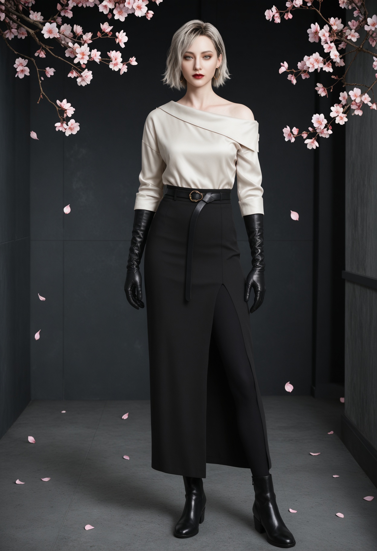(standing full_body:1.1),(looking at viewer:1.1),masterpiece,(best quality),smog,Dark room,dim lighting,peach blossom,falling petals,<lora:YQ_Illustrious光辉v5_格蕾丝_V1:0.8>,q1528437228,solo,1girl,short hair,shirt,earrings,jewelry,blonde hair,gloves,black gloves,white shirt,grey eyes,hoop earrings,skirt,grey hair,red lips,black skirt,belt,long sleeves,long skirt,brown eyes,pants,black footwear,black hair,boots,elbow gloves,lipstick,blue eyes,multicolored hair,off-shoulder shirt,
