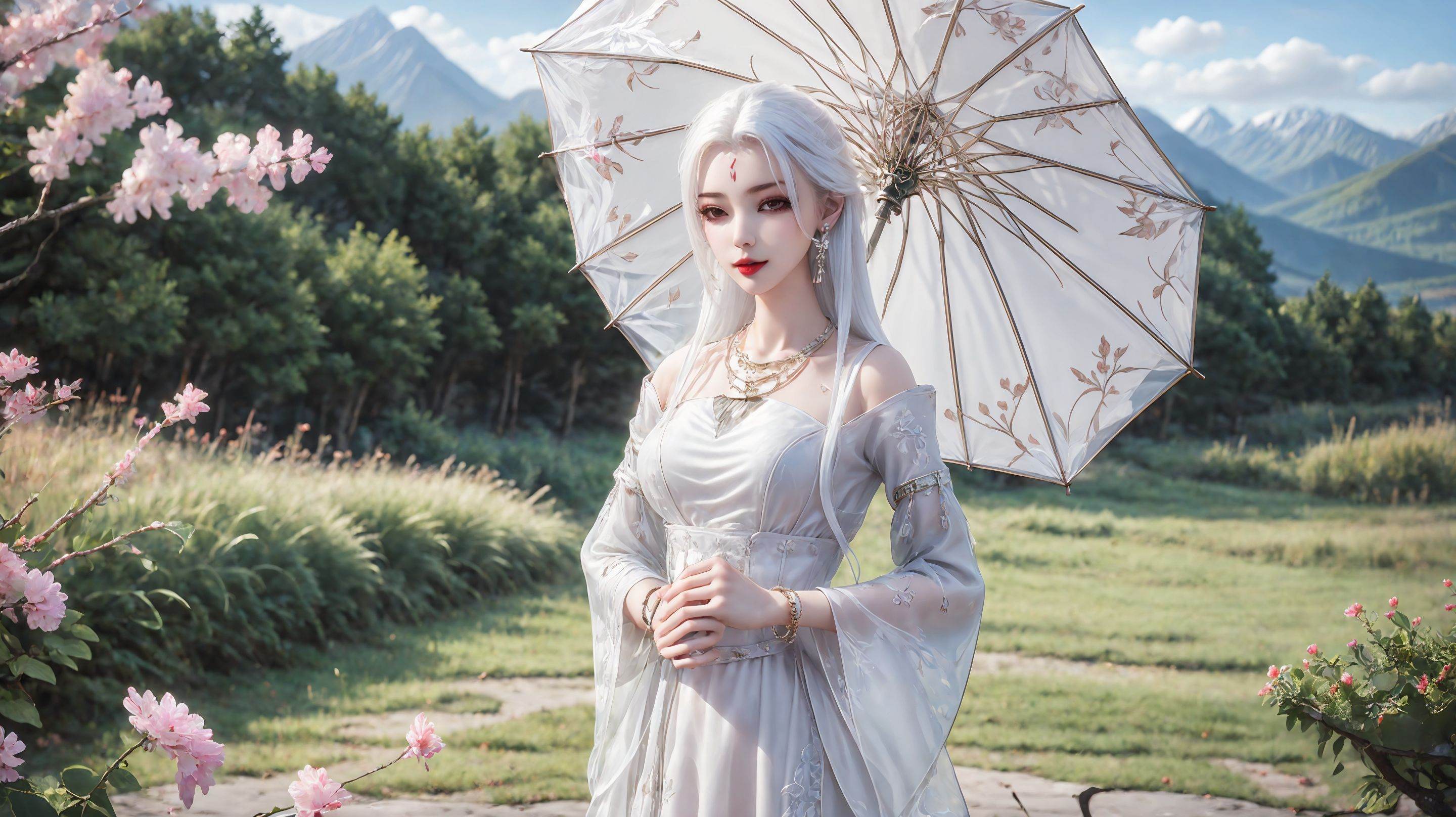 1girl,umbrella,solo,dress,white dress,holding umbrella,jewelry,long hair,holding,outdoors,chinese clothes,mountain,earrings,necklace,long sleeves,white hair,<lora:girl miaojiangxiaobai_20240912173536:0.7>,