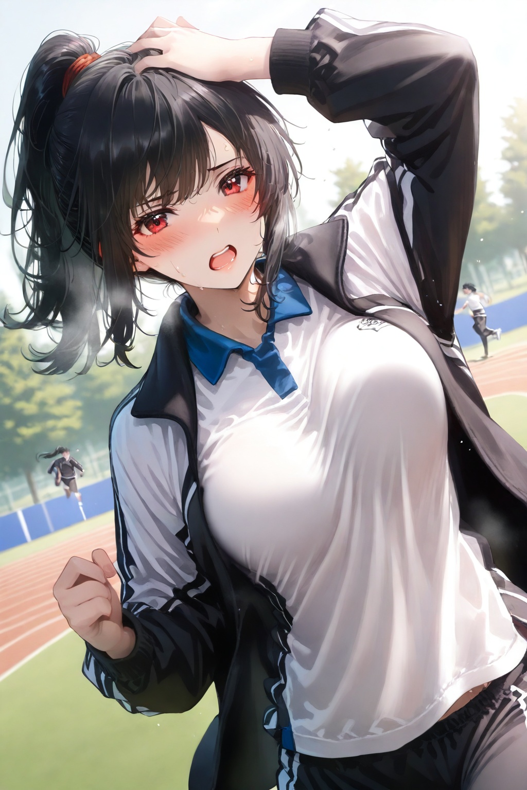 <lora:tang-000012:1>,running,jacket,breasts,shirt,outdoors,sweat,red eyes,open jacket,white shirt,black hair,blurry background,shorts,long hair,open clothes,large breasts,blurry,open mouth,long sleeves,ponytail,bangs,solo focus,dutch angle,hand on own head,track jacket,pants,tree,gym uniform,blush,black jacket,hair tie,day,arm up,looking at viewer,sidelocks,black shorts,teeth,fleeing,black pants,track and field,sportswear,sunlight,standing,1girl,
