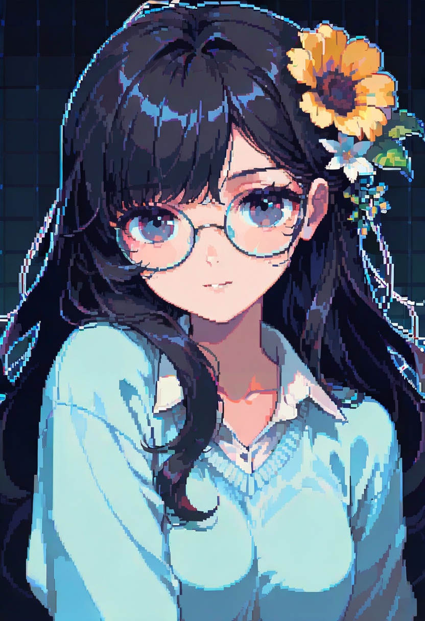 dpa,pixel art, 1girl, solo, glasses, black hair, long hair, hair ornament, flower, looking at viewer, upper body, hair flower, bangs