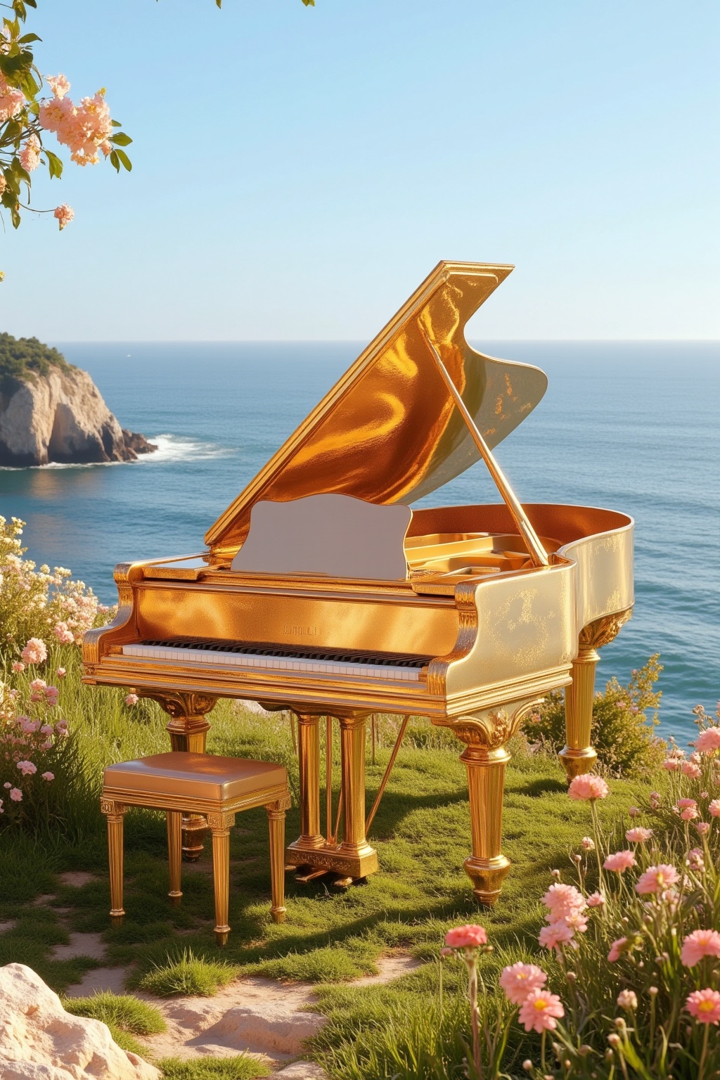 rich,<lora:rich15:0.7>,a gold piano on the cliff by the sea,there are many flowers on the grass,high viewing angle lens,far away is the sea and the blue sky,8k resolution,golden grand piano,