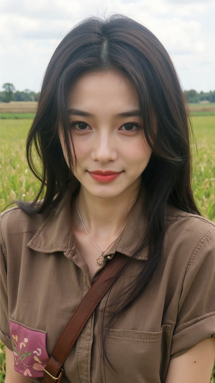 1girl,solo,black hair,long hair,looking at viewer,smile,black eyes,jewelry,(field:1.2),(rural:1.3),(40-year-old woman:1.5),