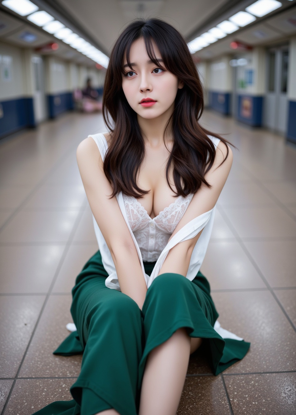 The image shows a young woman sitting on the floor of a subway station. She is wearing a long green dress with a white blouse and white sandals. Her long brown hair is styled in loose waves and she is looking off to the side with a serious expression on her face. The background is blurred, but it appears to be a long corridor with rows of lights on either side. The overall mood of the image is somber and contemplative.