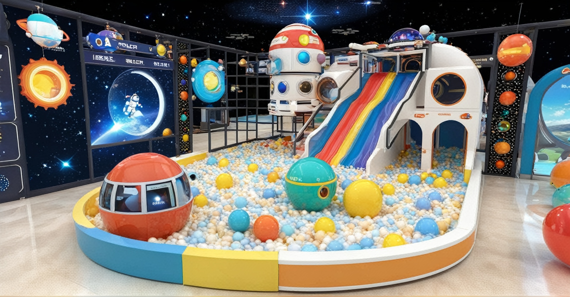 cinematic photo (8k, RAW photo, best quality, masterpiece:1.2),(realistic, photo-realistic:1.37),ultra-detailed,professional lighting,photon mapping,radiosity,physically-based rendering,<lora:淘气堡(2):1>,Slide:,The slide's exterior design is modeled after a real rocket,using NASA colors and logos.,There is an interactive experience of astronaut training in the slide. During the slide,you can see the simulation of astronaut training.,Ball Pool:,The balls in the ball pool are models of planets and asteroids,with popular science information cards attached to introduce the characteristics of each planet.,There is a carpet with a solar system pattern at the bottom of the ball pool,and spacecraft models are decorated around it.,Framework:,The frame is designed in the style of a space station,with simulated control panels and interactive space mission challenges.,Inside the frame there are displays of astronaut models and space equipment,with interactive instructions.,Decoration:,On the wall are diagrams of the solar system and the Milky Way,with detailed astronomical knowledge.,There are hanging real spacecraft models and astronaut training equipment,and educational videos are shown in some areas.,slide:,the shape of the slide is designed as a cartoon rocket,colorful,red,yellow and blue,there are cartoon stars and moon patterns in the slide,there is a cute animation effect during the taxi process,ball pool:,the ball in the ball pool is a cartoon star and planet model,there are different colors and expressions,there is a cartoon starry -empty pattern carpet at the bottom of the ball pool,the surrounding decoration has a cartoon astronaut model,framework:,the frame uses soft lines and colors,there are cartoon astronauts and rocket decorations,with a bubble machine and flash,there is a cartoon planet adventure task inside the framework,children can complete the task through the interactive screen,decoration:,the wall and ceiling decoration is a cartoon starry background,there are cute cartoon astronauts and alien creatures,hanging cartoon ship models and shiny stars,interactive experience with cartoon tasks in some areas, . 35mm photograph, film, bokeh, professional, 4k, highly detailed