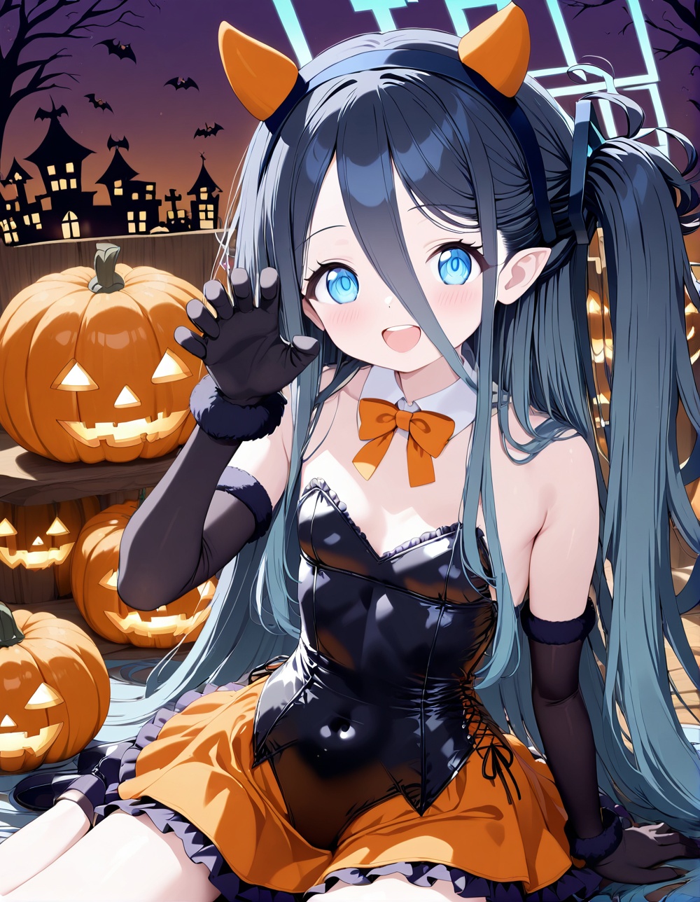 1girl, aris (blue archive), horns, blue eyes, gloves, long hair, smile, hair between eyes, looking at viewer, ghost, halo, elbow gloves, halloween, claw pose, bare shoulders, open mouth, frills, solo, breasts, skirt, small breasts, :d, sitting, very long hair, black gloves, hairband, one side up, demon horns, teeth, orange skirt, black hair, jack-o'-lantern, frilled skirt, blush, detached collar, fake horns, halloween costume, upper teeth only, bow, bowtie, bangs, pumpkin, orange bow, hat, orange bowtie, fur trim, covered navel, leotard