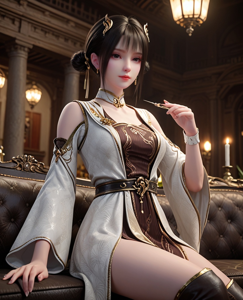 (oriental architecture, elegant decor, sophisticated style:1.1),(Zip-lining:1.1),looking at viewer,(breasts:1.2),<lora:XL斗破苍穹丹晨:0.9>,miss danchen,brown underdress,white robe,detached collar,belt,shoulder cutout,black eyes,black hair,bangs,sidelocks,hair ornament,double bun,boots,, score_9,score_8_up,score_7_up,score_6_up,score_5_up,score_4_up,3d rendering,tag1,tag2, Cinematic Lighting,backlighting,, zPDXL3, zPDXL2,zPDXL, zPDXLxxx, zPDXLrl,