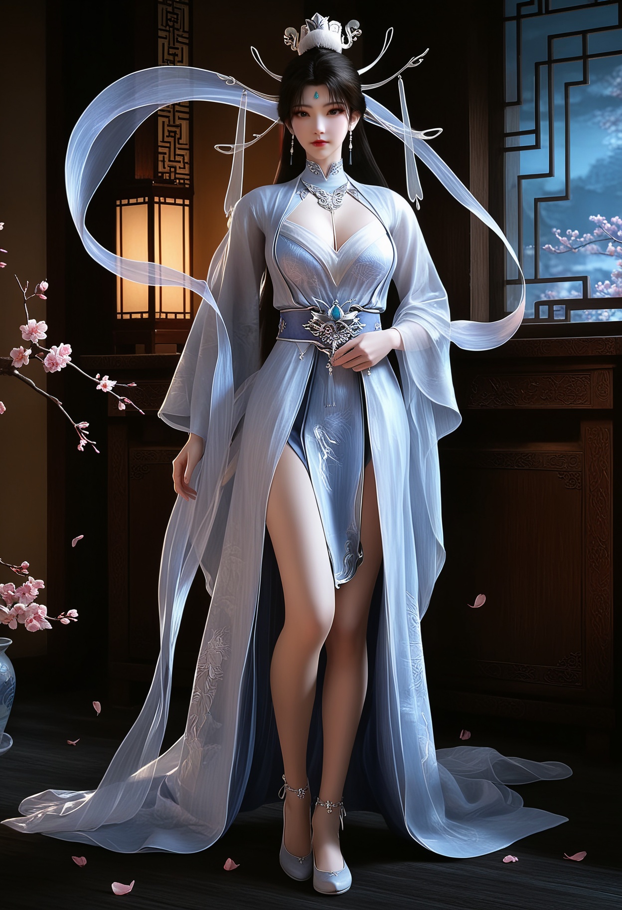 masterpiece,best quality,amazing quality,very aesthetic,high resolution,ultra-detailed,absurdres,scenery,photorealistic,(looking at viewer:1.1),(Dark room:1.3),(moody lighting:1.1),peach blossom,falling petals,(large breasts:0.8),chuyue,1girl,solo,black eyes,black hair,long hair,earrings,jewelry,dress,white dress,hair ornament,chinese clothes,forehead mark,hair bun,expressionless,closed mouth,long sleeves,shawl,bare legs,shoes BREAK photorealistic details,<lora:QQSillchuyueV1:0.8>,