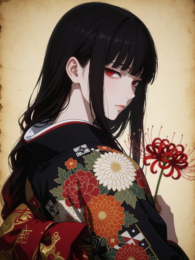 Anime portrait of a young woman seen from behind,  turning her head over her right shoulder to look at the viewer.She has...
