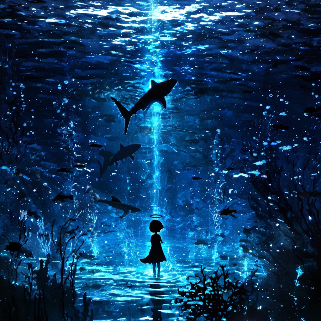 <lora:star_xl_v3:1>,silhouette painting, ethereal ambiance, blue theme, 1girl, solo, short hair, black hair, dress, standing, outdoors, water, night, halo, star \(sky\), scenery, wading, dark, ripples, sky, light particles, starry sky, reflection, a mesmerizing underwater scene which illuminated by a radiant blue glow., The silhouette of a girl stands on the water, causing ripples., There are glowing creatures under the water which emit blue light and illuminate the silhouette of the little girl, There are glowing creatures under the water, which emit blue light and illuminate , the silhouette of a shark, the silhouette of fish and other aquatic creatures swiming around the halo