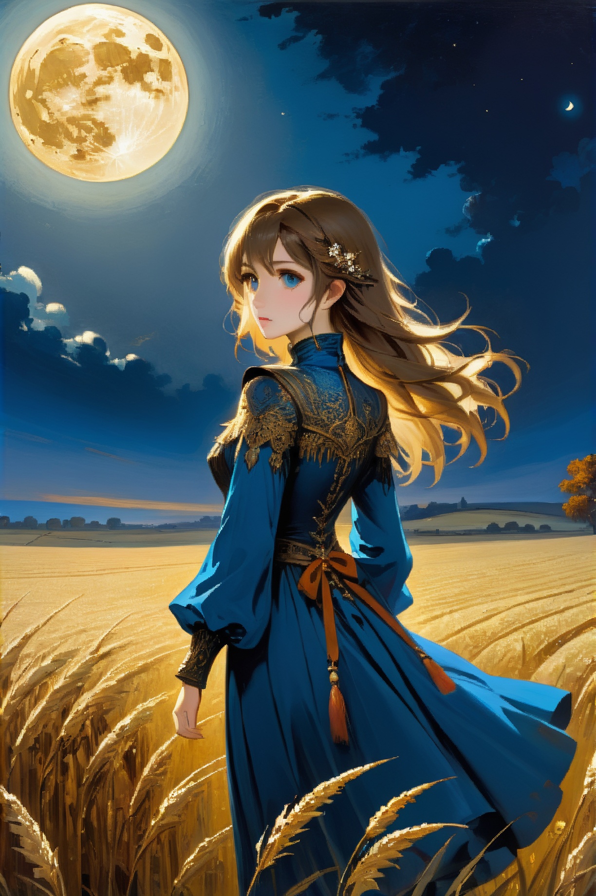 oil painting by Gustave Moreau for Flyingsnow XL, prompt by Tony\(Dongli\), deep colors, blue tint, 1girl, bronze gold moon, night scenery, fields, Field, Intricate