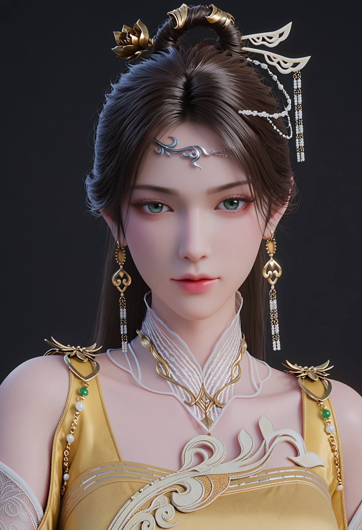 (score_9:1.1),(perfect_anatomy:1.1),upper_body,blurry background,depth of field,(looking_at_viewer:1.1),<lora:YQponyjinpingerV2:0.8>,q1528437228,1girl,solo,long_hair, jewelry, earrings, hair_ornament, dress, black_hair, realistic, chinese_clothes, yellow_dress, green_eyes, brown_hair, hair_bun, necklace, single_hair_bun, bare_legs, feet, hair_rings,fair_skin,(simple background,pure black background,black background:1.3),white_skin,shiny_skin,Ivory_skin,perfect_anatomy BREAK perfect_anatomy,(score_9:1.1),cinematic lighting,volumetric lighting,professional lighting,fair_skin,white_skin,shiny_skin,Ivory_skin,perfect_anatomy,