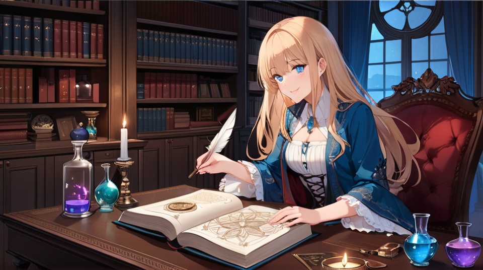 (best quality), ((masterpiece)), (highres), illustration, original, extremely detailed,<lora:SNQX:0.7>1girl, book, blonde hair, candle, long hair, solo, bookshelf, open book, bug, quill, flask, butterfly, table, potion, sitting, indoors, magic circle, cup, smile, blue eyes, chair