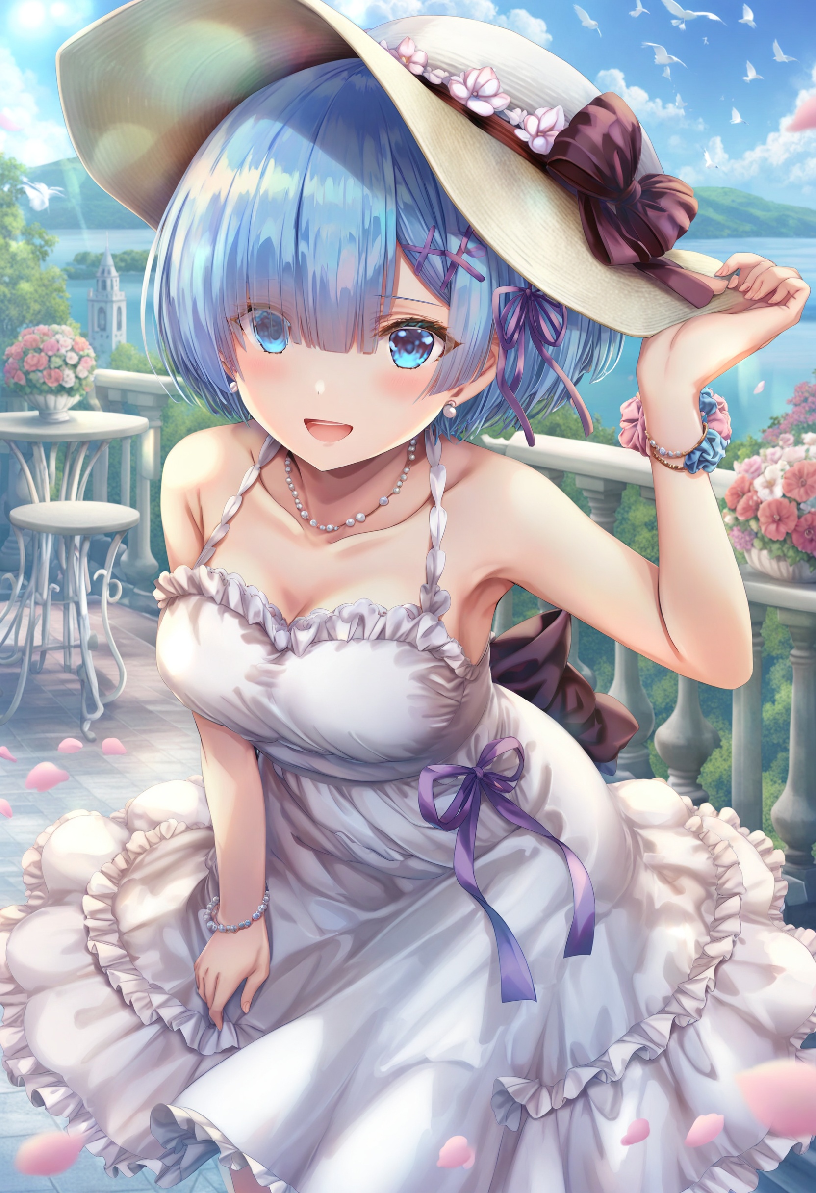 masterpiece, best quality,1girl, rem \(re:zero\),  solo, white dress, dress, blue eyes, short hair, blue hair, wrist scrunchie, looking at viewer, smile, hair ornament, outdoors, breasts, x hair ornament, open mouth, jewelry, necklace, hat, bare shoulders, sleeveless, day, scrunchie, collarbone, sleeveless dress, frilled dress, petals, bird, hair over one eye, medium breasts, :d, sky, blush, cleavage, blue sky, ribbon, earrings, bracelet, frills, flower, arm up, hand on headwear, alternate costume, cloud, railing, hair ribbon, sun hat, white hat, tree, purple ribbon, casual, hat flower, strap gap, bare arms, cowboy shot, spring \(season\), dove, blunt bangs, hairclip, sundress, from above, looking up, pearl necklace <lora:torinoXLlokr8f-000182:0.95>