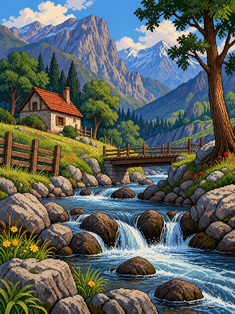 16bit,  A winding stream runs through a quiet rural valley beneath layered mountains,  with a small stone cottage and a fe...