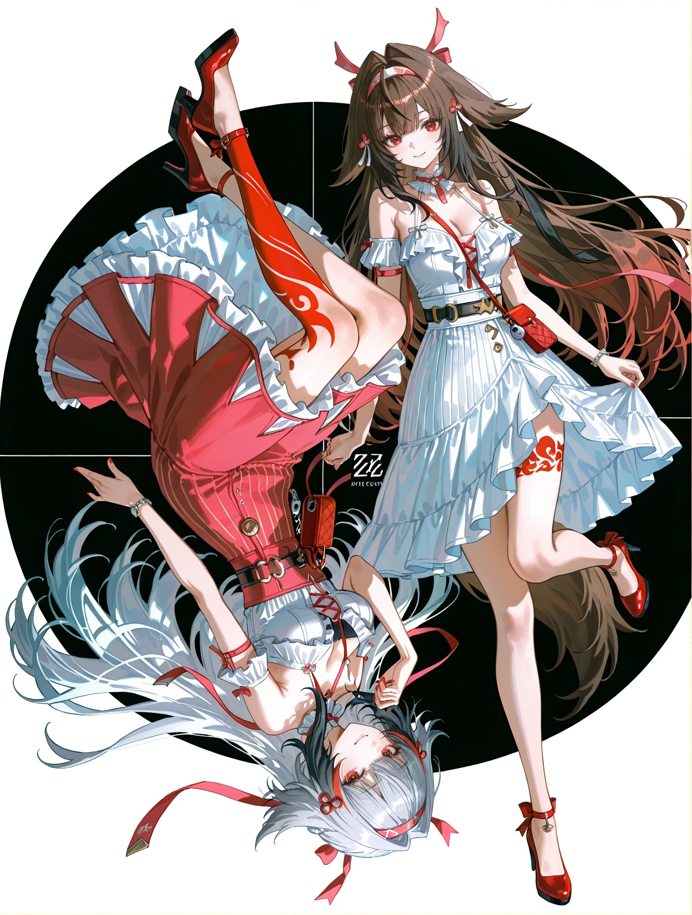 8k,best quality,masterpiece,(ultra-detailed),(high detailed skin),artist:john kafka,(artist:wanke:0.9),artist:fuzichoco,artist:quasarcake,(artist:nixeu:0.8),simple_black_background,black and white theme,Sense of coordination,sense of order,mathematics beauty,(((cover design))),(((((cover art))))),((trim)),album_art,official art,(Master's work),2girls,multiple girls,smile,full body,closed mouth,long hair,white background,looking at viewer,dual persona,upside-down,<lora:Ye_Shunguang-noob-Tanger-000014:0.8>,(2girls:1.2) BREAKYe Shunguang \(Zenless Zone Zero\),brown hair,brown animal ears,a red left thigh band tattoo,(clothes: guang pink skirt,pink skirt:1.2),guang white corset-style top,guang white detached armlets,red wrapping ribbons,guang white and pink hairband,red hair ribbons,1girl,long hair,breasts,smile,red eyes,red footwear,guang red small crossbody bag,high heels BREAKYe Shunguang \(Zenless Zone Zero\),albino state,grey hair,grey animal ears,asymmetric red leg tattoos,extensive red left leg tattoo,single see-through horn,clothes: guang pink skirt,guang white corset-style top,guang white detached armlets,red wrapping ribbons,guang white and pink hairband,red hair ribbons,1girl,long hair,red eyes,red footwear,guang red small crossbody bag,high heels BREAK