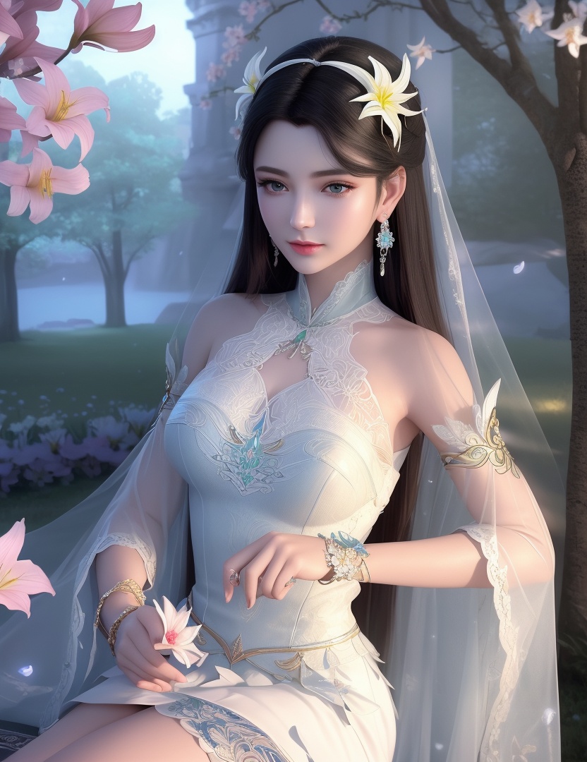 ultra realistic 8k cg, picture-perfect face, flawless, clean, masterpiece, professional artwork, famous artwork, cinematic lighting, cinematic bloom, perfect face, beautiful face, fantasy, dreamlike, unreal, science fiction,  beautiful clothes, lace, lace trim, lace-trimmed legwear,  (rich:1.4), prestige, luxury, jewelry, diamond, gold, pearl, gem, sapphire, ruby, emerald, intricate detail, delicate pattern, charming, alluring, seductive, erotic, enchanting, hair ornament, necklace, earrings, bracelet, armlet,halo((,1girl, pov,))(((,lily \(flower\),  1girl, spring_\(season\), solo,looking at viewer, ))) <lora:DA_XiaoXunEr:0.6>