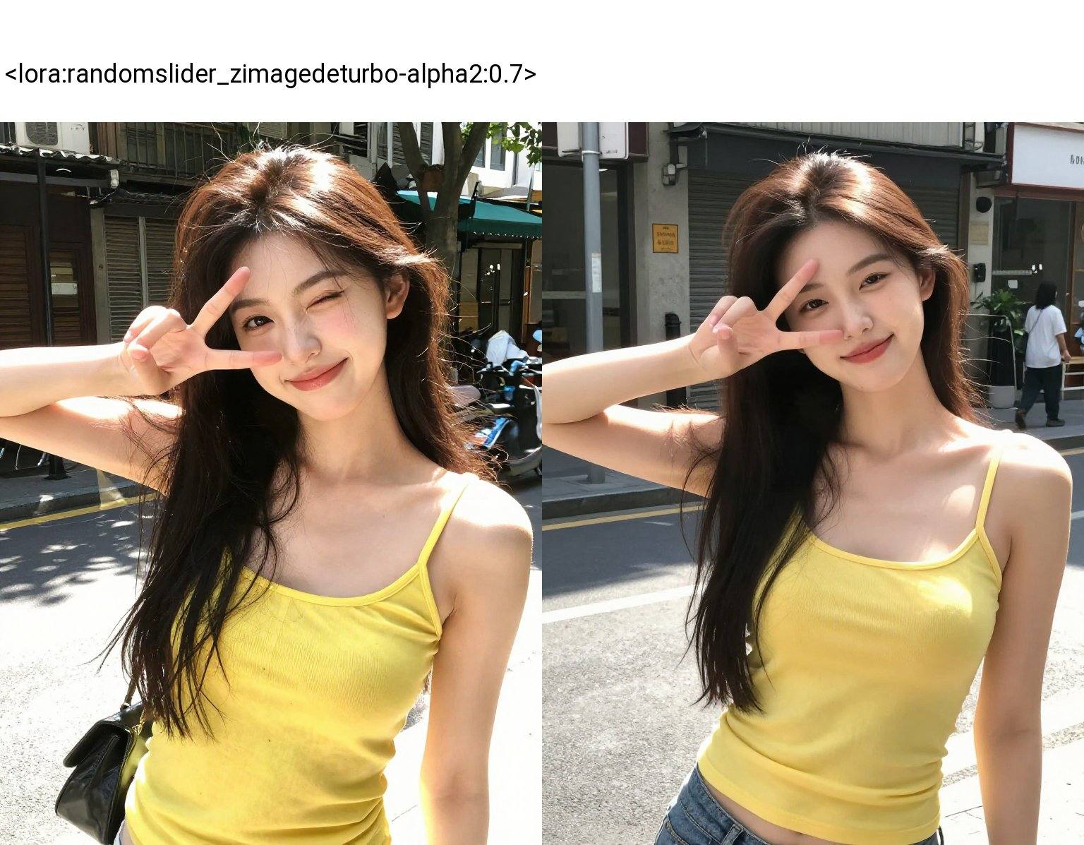 random natural postures and v_sign gestures,  1girl,  street on Tensor.Art