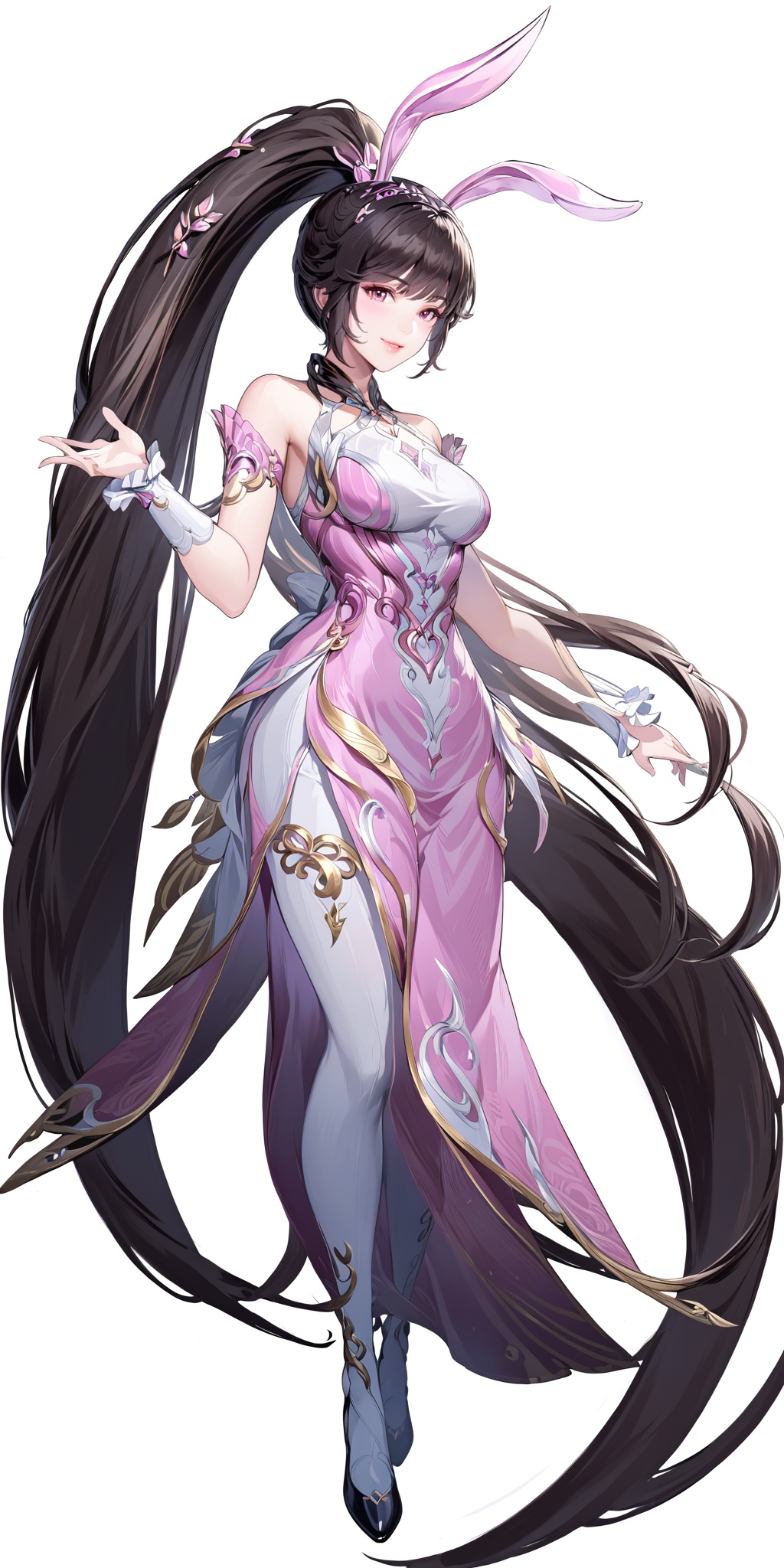 masterpiece,best quality,huge filesize,fantasy,illustration,anime,simple white background,1 woman,(mature_female:1.2),solo,animal ears,dress,rabbit ears,long hair,pink dress,very long hair,full body,brown hair,ponytail,hair ornament,black hair,simple background,collar,smile,<lora:XL小舞成年2.0:0.7>,