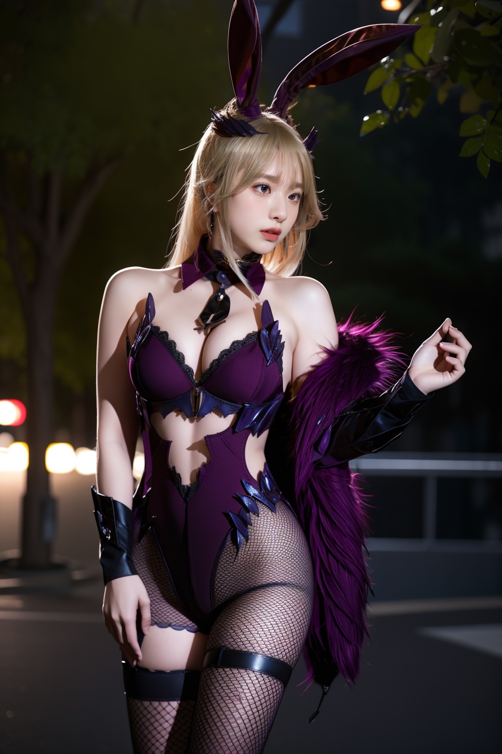 <lora:GoodHands-手beta2:1>,solo,1girl,cityscape,standing,outdoors,<lora:0418 FGO_v1:0.9>,ruanyi0418,fishnets,feathers,thigh strap,rabbit ears,cowboy shot,feather boa,gloves,, best quality,masterpiece,highres,official art,extremely detailed cg unity 8k wallpaper
