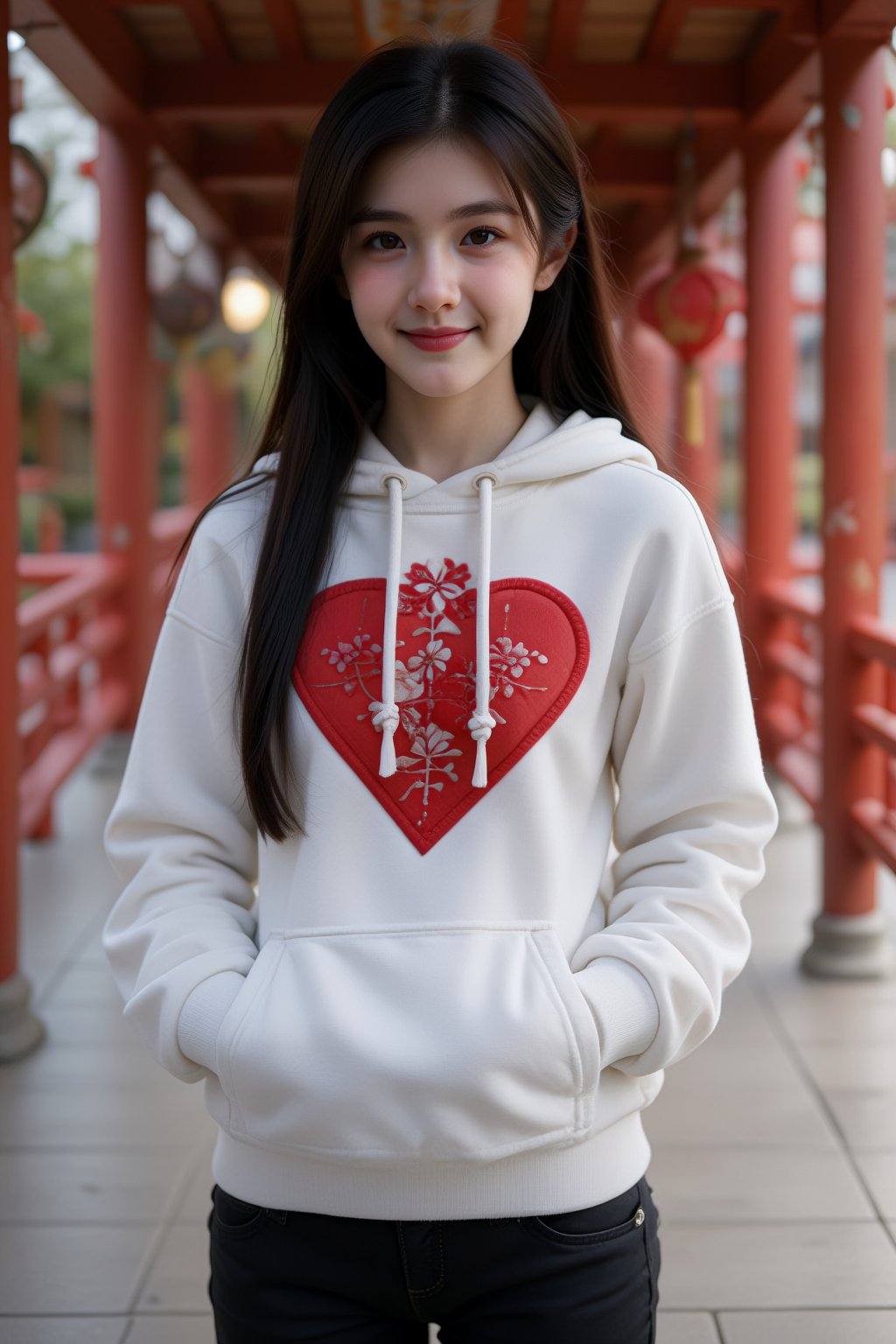 The image features a photograph of a young woman standing in an outdoor corridor with red pillars. She has long,  straight...