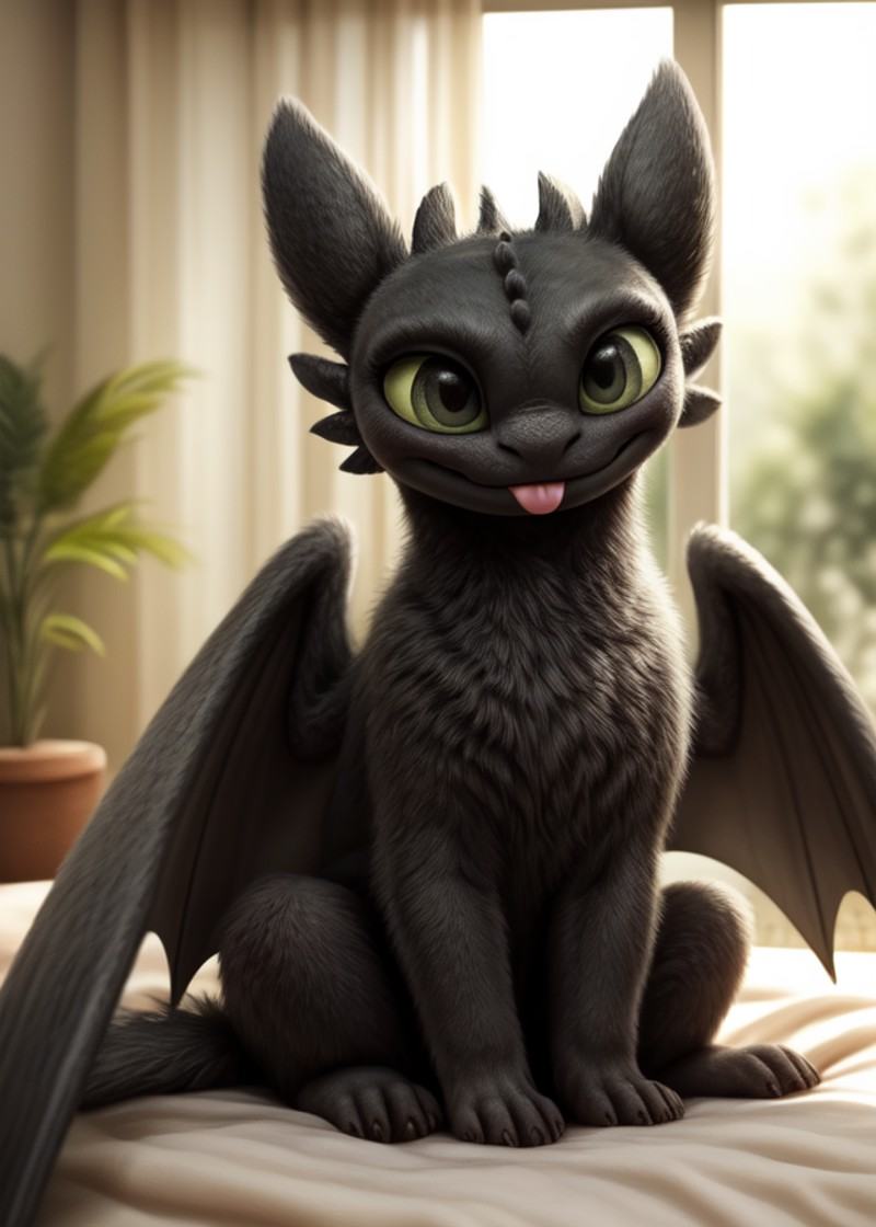 feral (toothless,  black fur,  black membrane wings on Tensor.Art