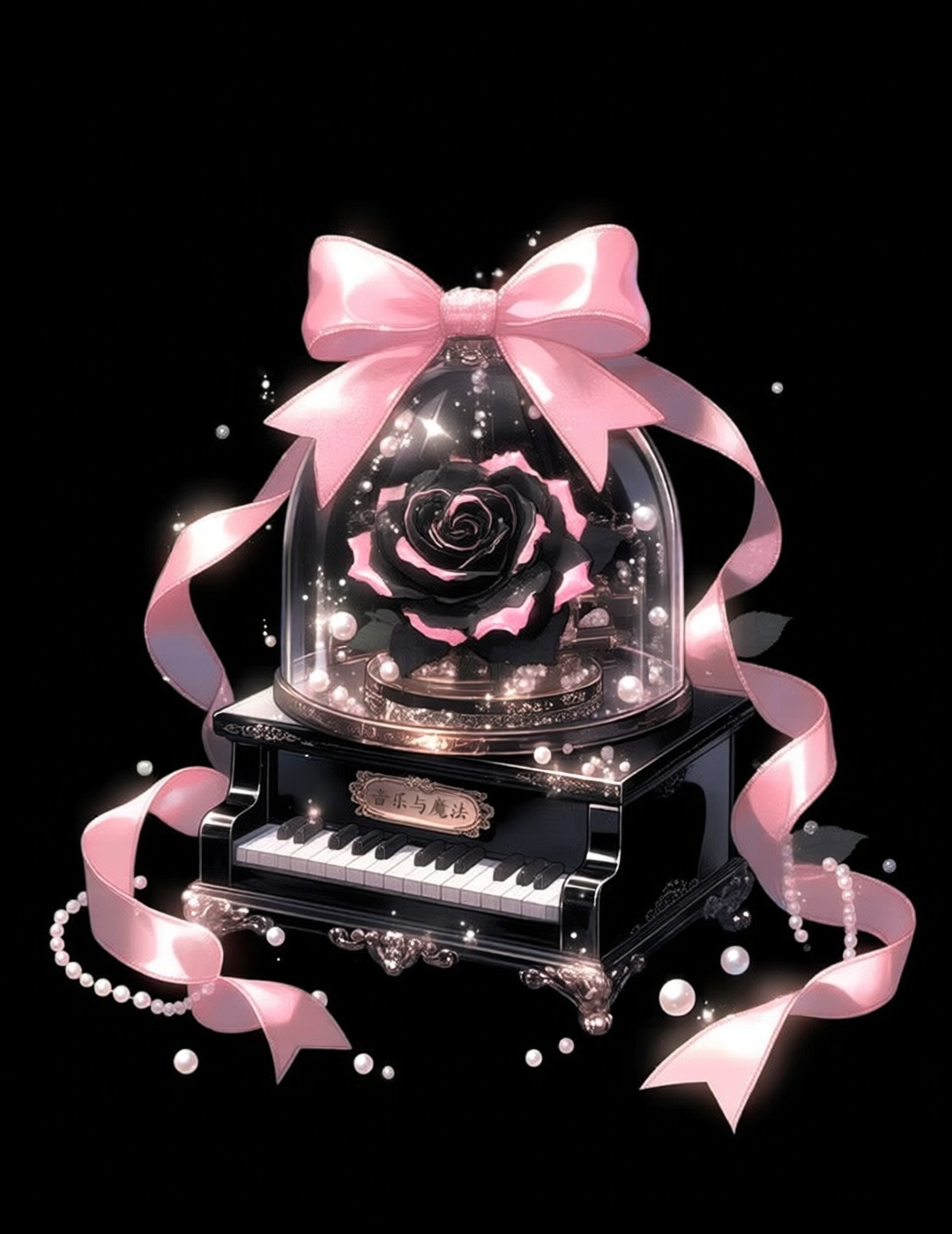 强调"音乐与魔法",  八音盒主体为黑色亮面,  装饰着巨大的粉色蝴蝶结 by BP-miaomiao on Tensor.Art