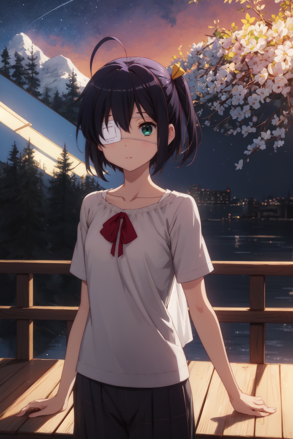 <lora:Rikka-000006:0.8>,Rikka CYQL,1girl,looking at viewer,solo,black hair,short hair,ahoge,ribbon,one side up,green eyes,eyepatch,medical eyepatch,Bandeau top, linen pants, slides,grin,portrait,Mountains, Snow, Peaks, Glacier, Ice, Clouds, Sunlight,(Bamboo shoots, Bamboo grove, Lantern-lit path, Evening stroll, Zen tranquility, Bamboo shadows:0.5),beautiful detailed sky,beautiful detailed glow,posing in front of a colorful and dynamic background,masterpiece,best quality,beautiful and aesthetic,contrapposto,female focus,wallpaper,