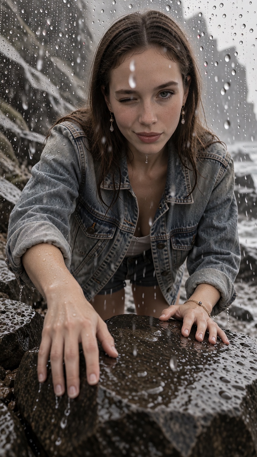 MarinaX,  straight brown hair with a slightly off-center part,  . Setting: a rocky coastline on Tensor.Art