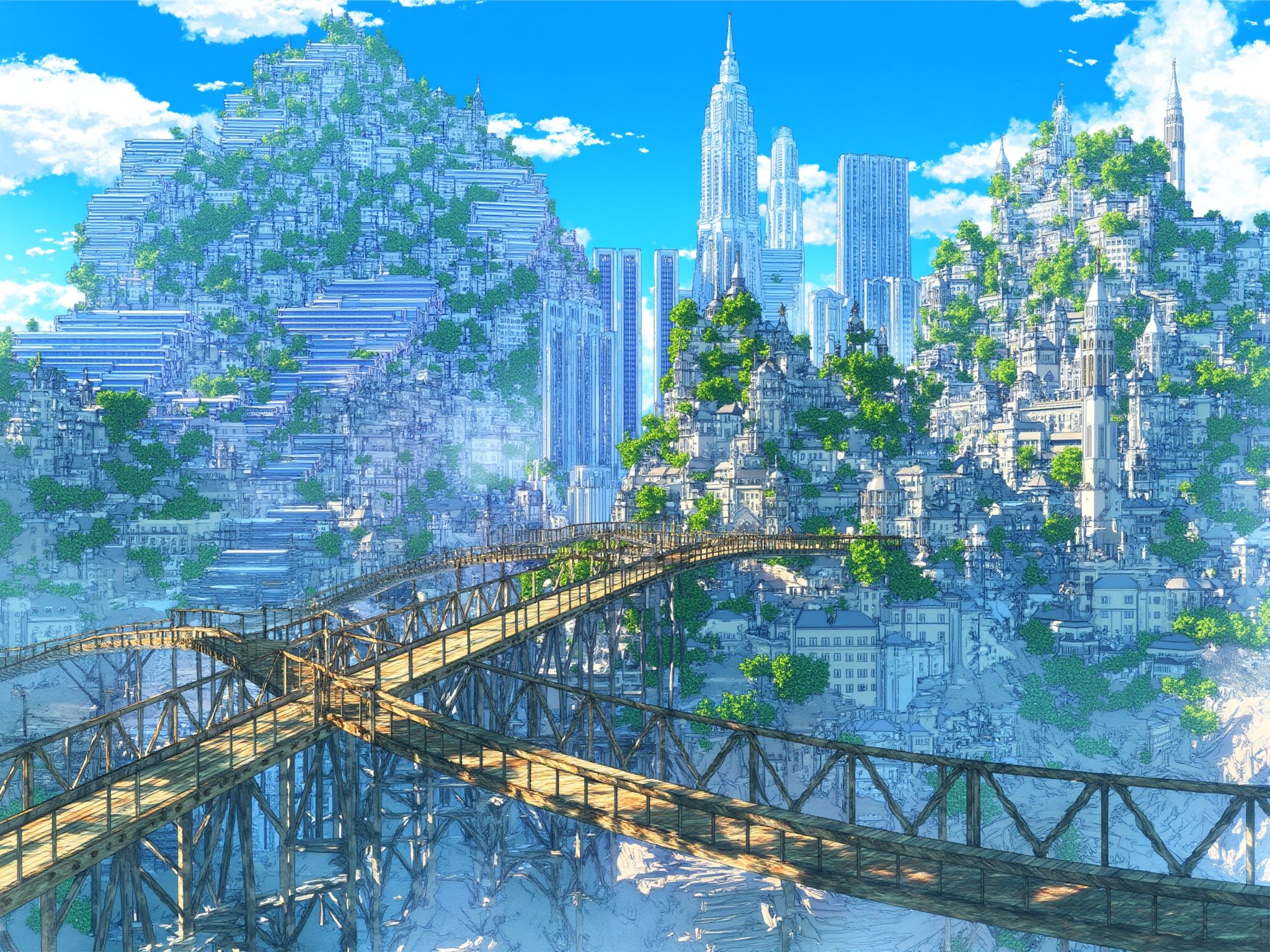 The image is a digital illustration of a futuristic cityscape. The city is made up of multiple levels, with buildings and skyscrapers of different sizes and shapes. The buildings are covered in greenery and trees, and the sky is blue with white clouds. In the center of the image, there is a large wooden bridge that spans across the city. The bridge appears to be made of metal and wood, and it is supported by a metal frame. The overall color scheme of the illustration is predominantly blue and green, with some hints of orange and yellow. The image has a dreamlike quality, with a sense of depth and dimension. <lora:S_BLACKGROUD_:1>