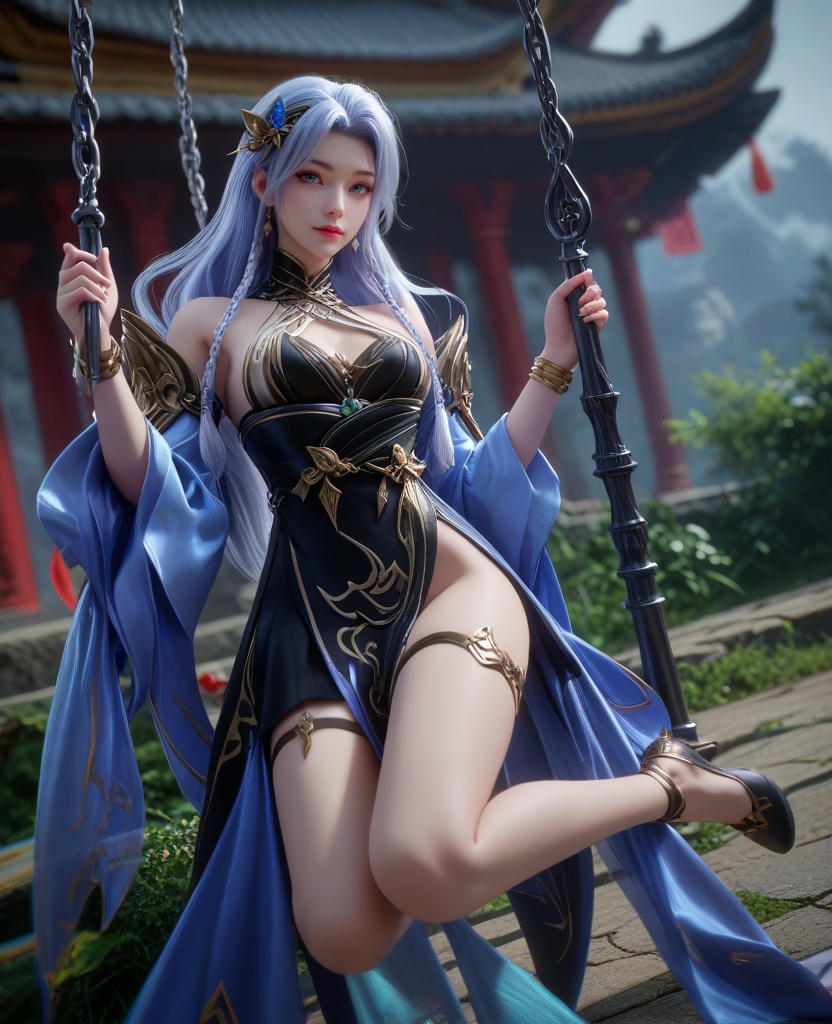 (oriental architecture, elegant decor, sophisticated style:1.1),(Sitting on a swing with legs extended, looking back,:1.1),(breasts:1.2),<lora:XL16克金玩家暗夜:0.95>,miss anye,black dress,blue eyes,lilac hair,long cascading hair with long front braid,hair ornament,blue hagoromo,black high heels,bracelet,legband,jewelry,, zPDXL2, score_9, score_8_up, score_7_up BREAK realistic, masterpiece,best quality, highly detailed,, zPDXL3, zPDXL2,zPDXL, zPDXLxxx, zPDXLrl,